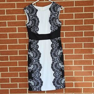 London Times Black and White Knee-length Sleeveless Dress